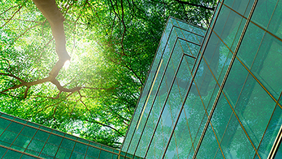 Top view of the glass building surrounded with trees